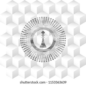 chess king icon inside realistic grey emblem with geometric cube white background