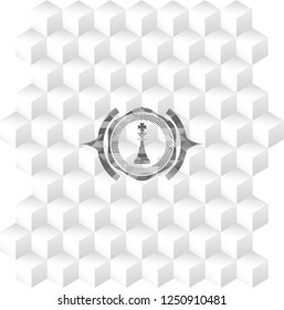 chess king icon inside realistic grey emblem with geometric cube white background