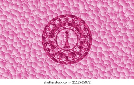chess king icon inside realistic pink emblem with bubbles background. Vector Illustration. Detailed. 