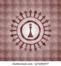 chess king icon inside red emblem with geometric background. Seamless.