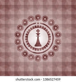 chess king icon inside red emblem or badge with abstract geometric polygonal pattern background. Seamless.