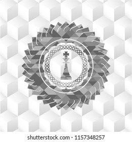chess king icon inside retro style grey emblem with geometric cube white background
