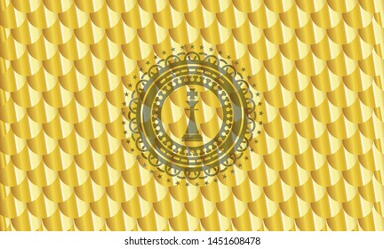 chess king icon inside shiny golden emblem. Scales pattern. Vector Illustration. Detailed.