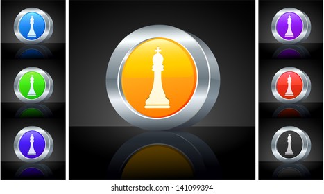 Chess King Icon on 3D Button with Metallic Rim Original Illustration 