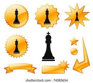 Schachkönig-Symbol auf Orange Burst Banners und Medals Original Vektorgrafik