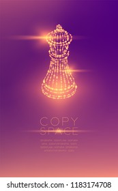 Chess King isometric wireframe polygon futuristic bokeh light frame structure and lens flare, Business strategy concept design illustration isolated on purple gradient background with copy space