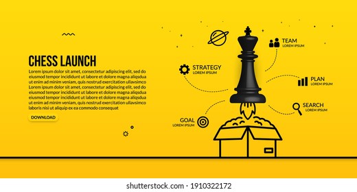 Chess king launching out of the box infographic concept of business strategy and management