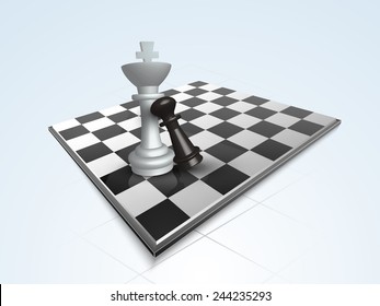 Chess king and pawn figures with chessboard on sky blue background.