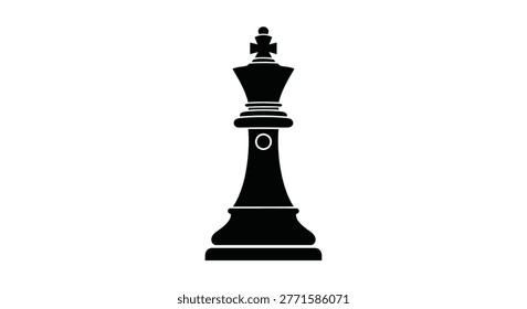 a chess king piece depicted as a black silhouette against a white background, featuring a minimalist design with clean lines and a cross atop.