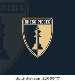 chess and king piece logo vintage vector illustration template icon graphic design.retro sign or symbol for chess tournament or club with shield badge black and white concept