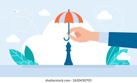 Chess King. Chess piece and umbrellas. Concept of protecting business strategy. Concept of Insurance protecting business strategy. Vector illustration