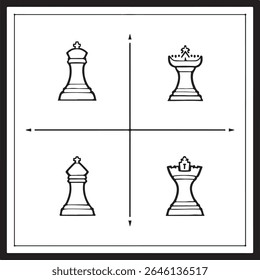 Chess King Queen Icon Set Vector | Minimal Line Art  Clipart Design