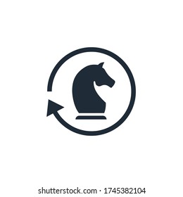 Ajedrez caballero y flecha de actualización. Estrategia actualizada y mejorada. Icono del vector aislado en fondo blanco.