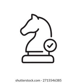 Caballero de ajedrez con icono de marca de verificación Vector en blanco y negro símbolo de la planificación de la estrategia de gestión empresarial y la toma de decisiones exitosas