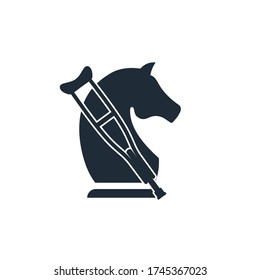 Chess knight and crutch. Economic failure. Lame business. Vector icon isolated on white background.