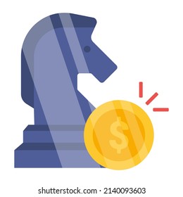 Chess knight with dollar coin, flat design icon of financial strategy

