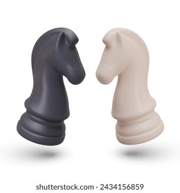 Chess knight in duel. Game realistic figures of different colors threaten each other