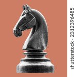 chess knight horse piece isolated halftone dots texture bitmap retro vintage pop art style collage element for mixed media modern crazy design