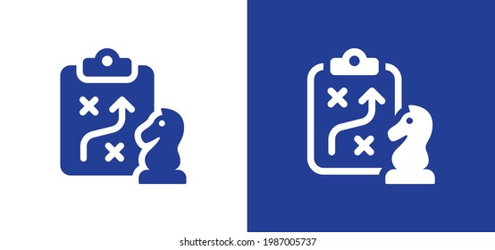 Chess knight horse piece with planning clipboard icon. Strategy symbol vector illustration