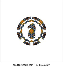 chess knight icon inside arabic emblem background. Arabesque decoration.