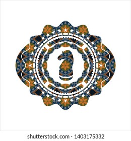 chess knight icon inside arabic badge background. Arabesque decoration.