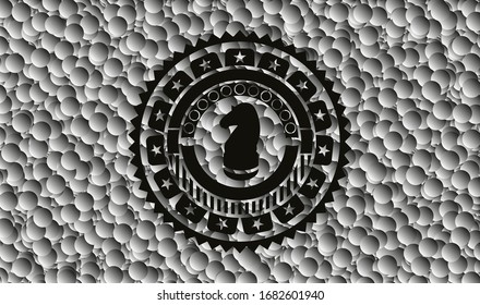 chess knight icon inside black badge with grey bubbles background. Vector Illustration. Detailed.