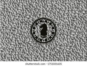 chess knight icon inside black badge with grey bubbles background. Vector Illustration. Detailed. 