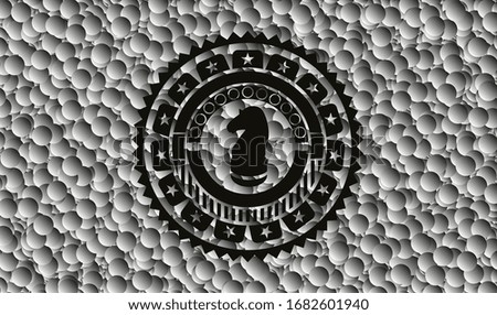 chess knight icon inside black badge with grey bubbles background. Vector Illustration. Detailed.