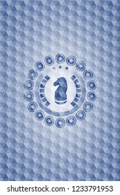 chess knight icon inside blue emblem with geometric pattern background.