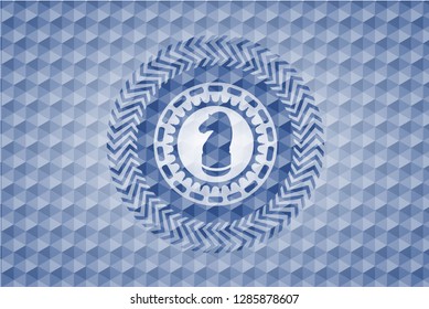 chess knight icon inside blue emblem with geometric background.