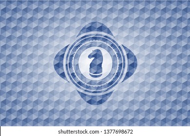 chess knight icon inside blue emblem or badge with geometric pattern background.