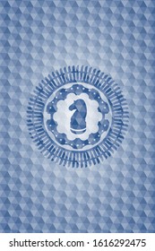 chess knight icon inside blue emblem with geometric pattern background.