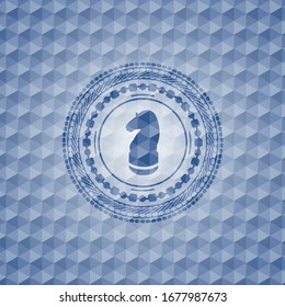 chess knight icon inside blue badge with geometric pattern.