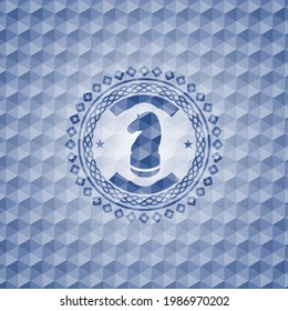 chess knight icon inside blue badge with geometric pattern background. 