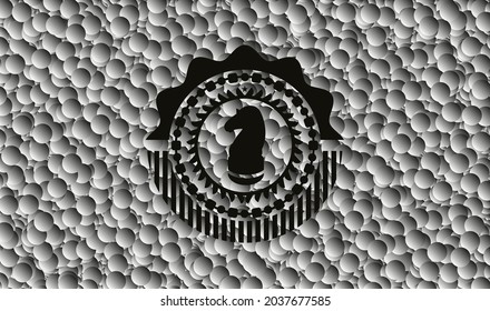 chess knight icon inside dark badge with grey bubbles background. Vector Illustration. Detailed. 