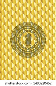 chess knight icon inside gold emblem. Scales pattern. Vector Illustration. Detailed.