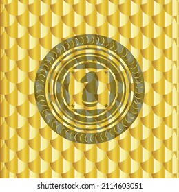 chess knight icon inside gold shiny badge. Scales pattern. Vector Illustration. Detailed. 