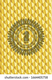 chess knight icon inside golden badge or emblem. Scales pattern. Vector Illustration. Detailed.