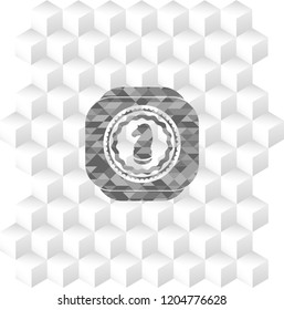 chess knight icon inside grey emblem with geometric cube white background