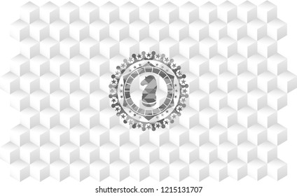 chess knight icon inside grey emblem. Retro with geometric cube white background