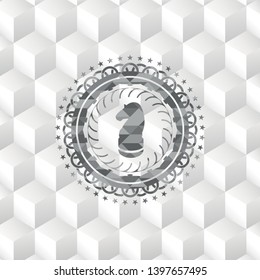 chess knight icon inside grey badge with geometric cube white background