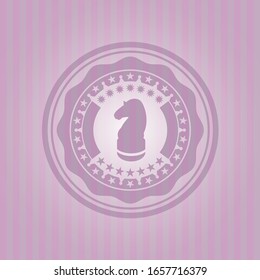 chess knight icon inside pink emblem. Retro