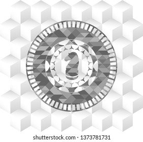 chess knight icon inside realistic grey emblem with geometric cube white background