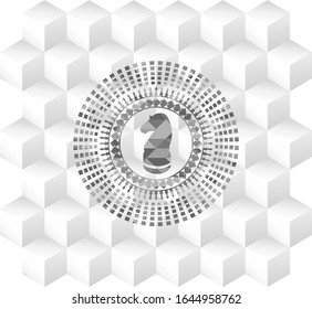 chess knight icon inside realistic grey emblem with geometric cube white background