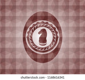 chess knight icon inside red seamless emblem with geometric pattern background.