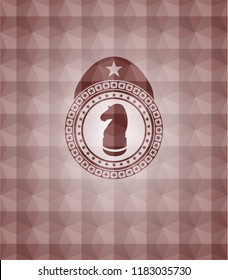 chess knight icon inside red seamless emblem with geometric background.