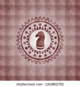 chess knight icon inside red geometric pattern emblem. Seamless.