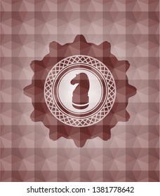 chess knight icon inside red seamless emblem with geometric pattern background.