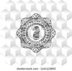 chess knight icon inside retro style grey emblem with geometric cube white background