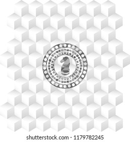 chess knight icon inside retro style grey emblem with geometric cube white background